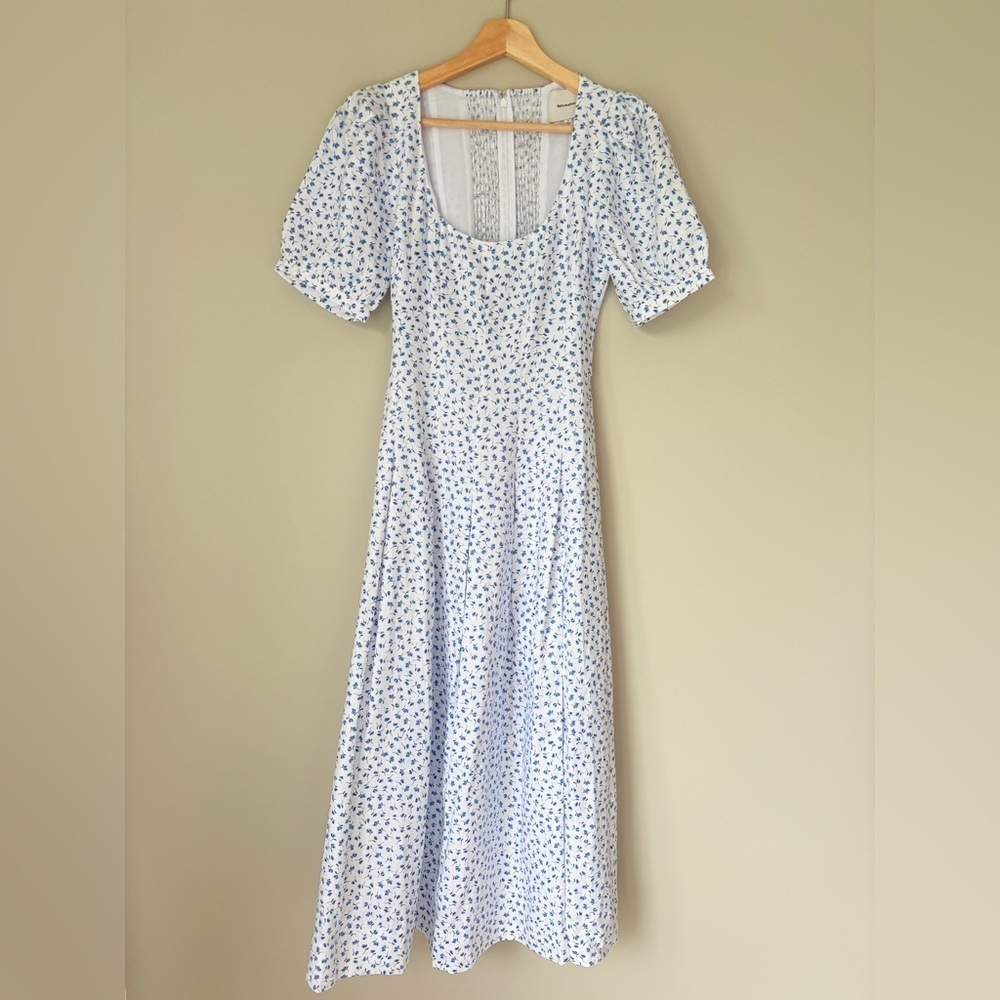 NEW Reformation Coucou Midi Linen Dress Hanna White Blue Floral | US 4 UK 8 - Picture 9 of 16